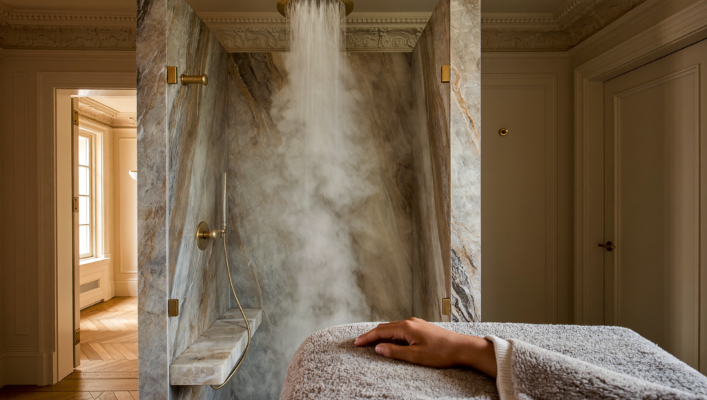 Douche ouverte en marbre baignée de vapeur dans une suite parentale haussmannienne, inspirée de l'univers Gessi Haute Culture