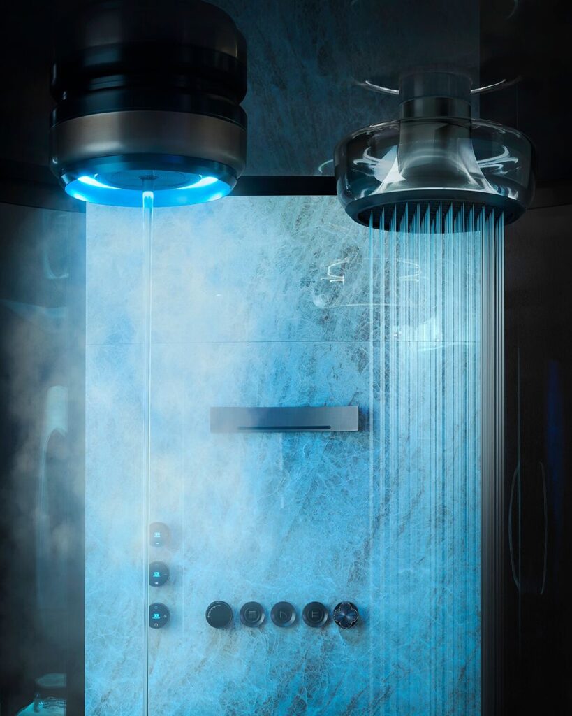 Diffuseur de vapeur éclairé en bleu et pomme de douche à pluie au plafond, devant une paroi en marbre avec commandes